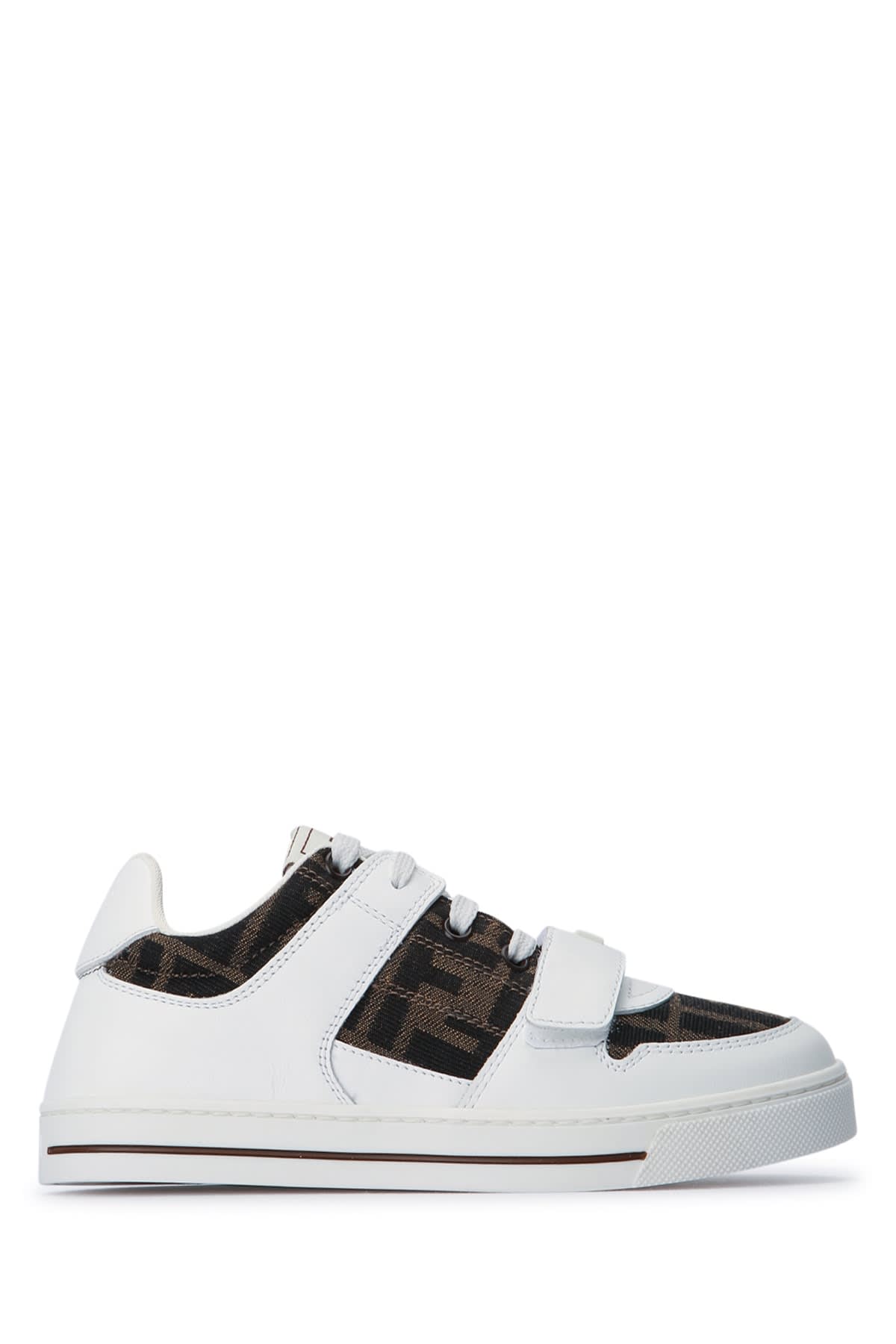 Fendi Kids Leather Jacquard Logo Trainers In Biancotabacconero