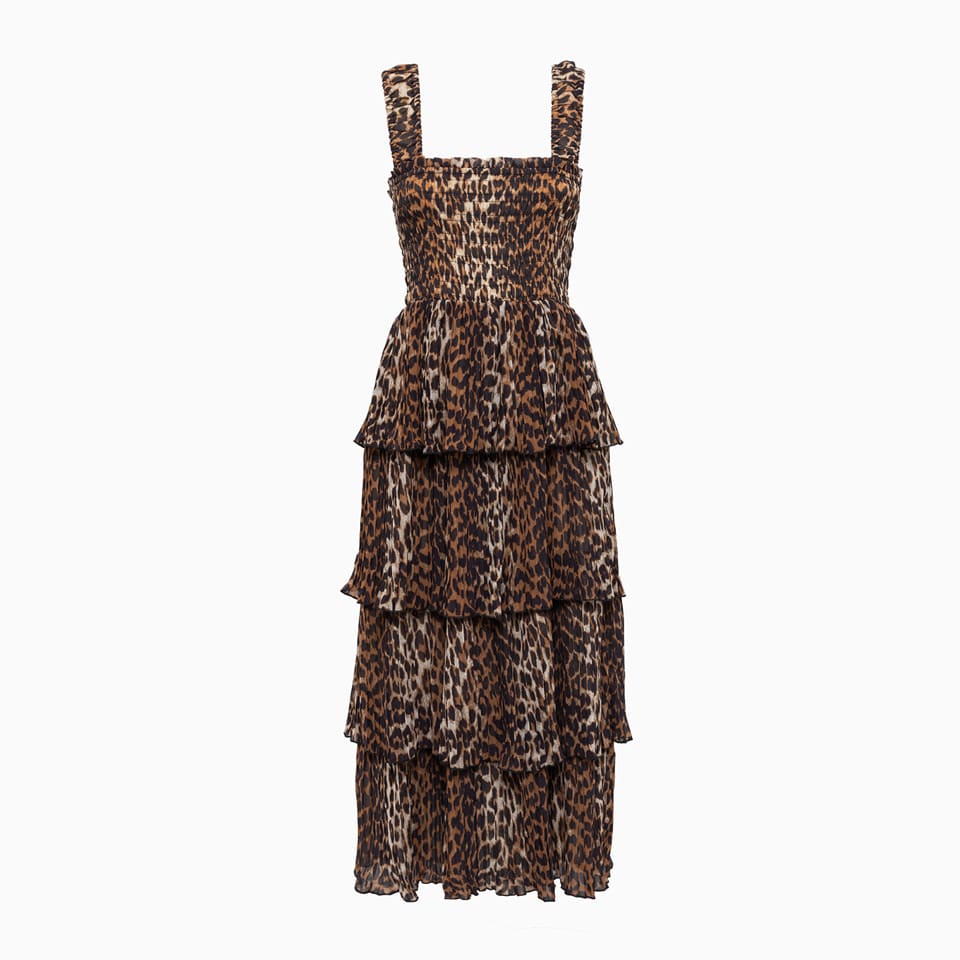 Shop Ganni Pleated Georgette Flounce Dress In Brown