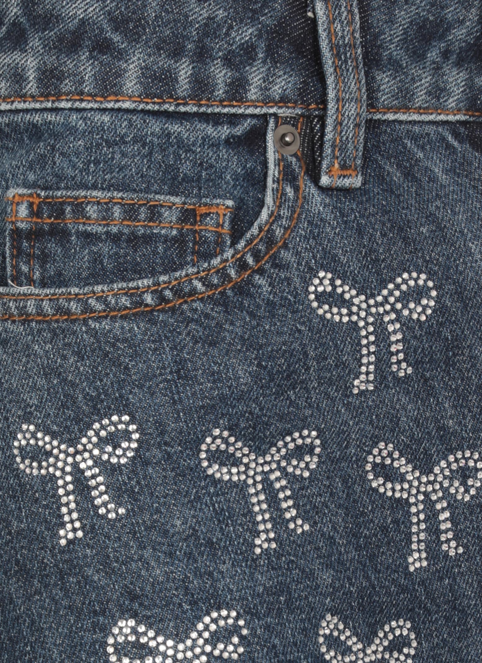 Self-portrait Blue Jeans With All-over Rhinestoned Bow Embellishments In Denim Woman In Blue