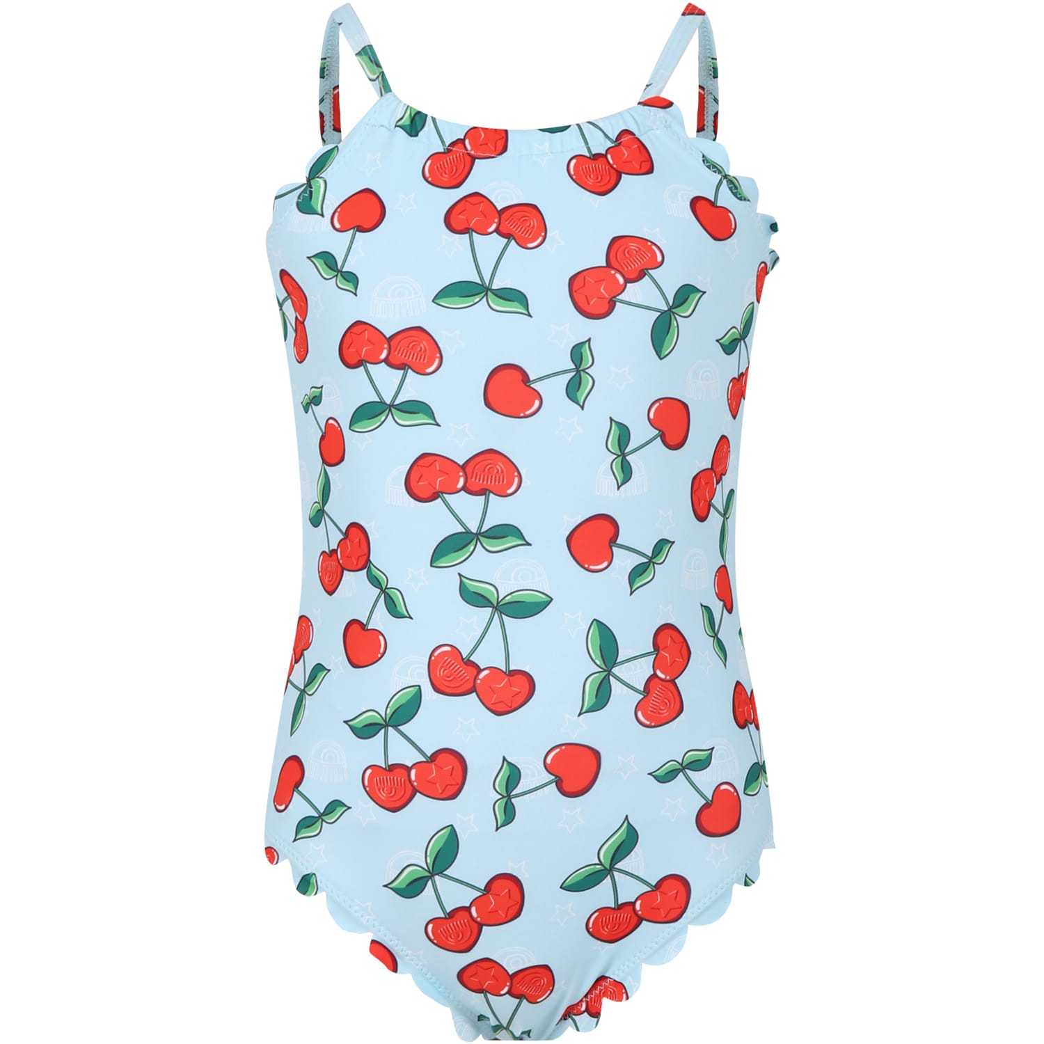 Chiara Ferragni Light Blue One-piece Swimsuit For Girl With Cherries In Light Blue