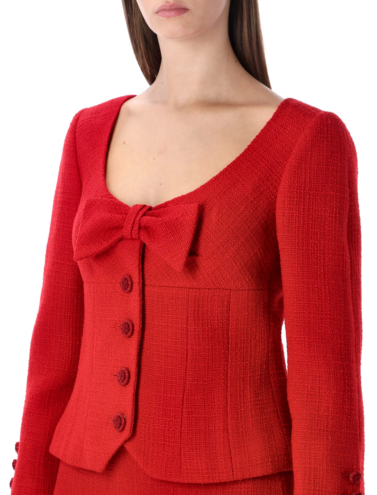 Valentino Garavani Short Jacket In Plain Wool Tweed With Bow In Red