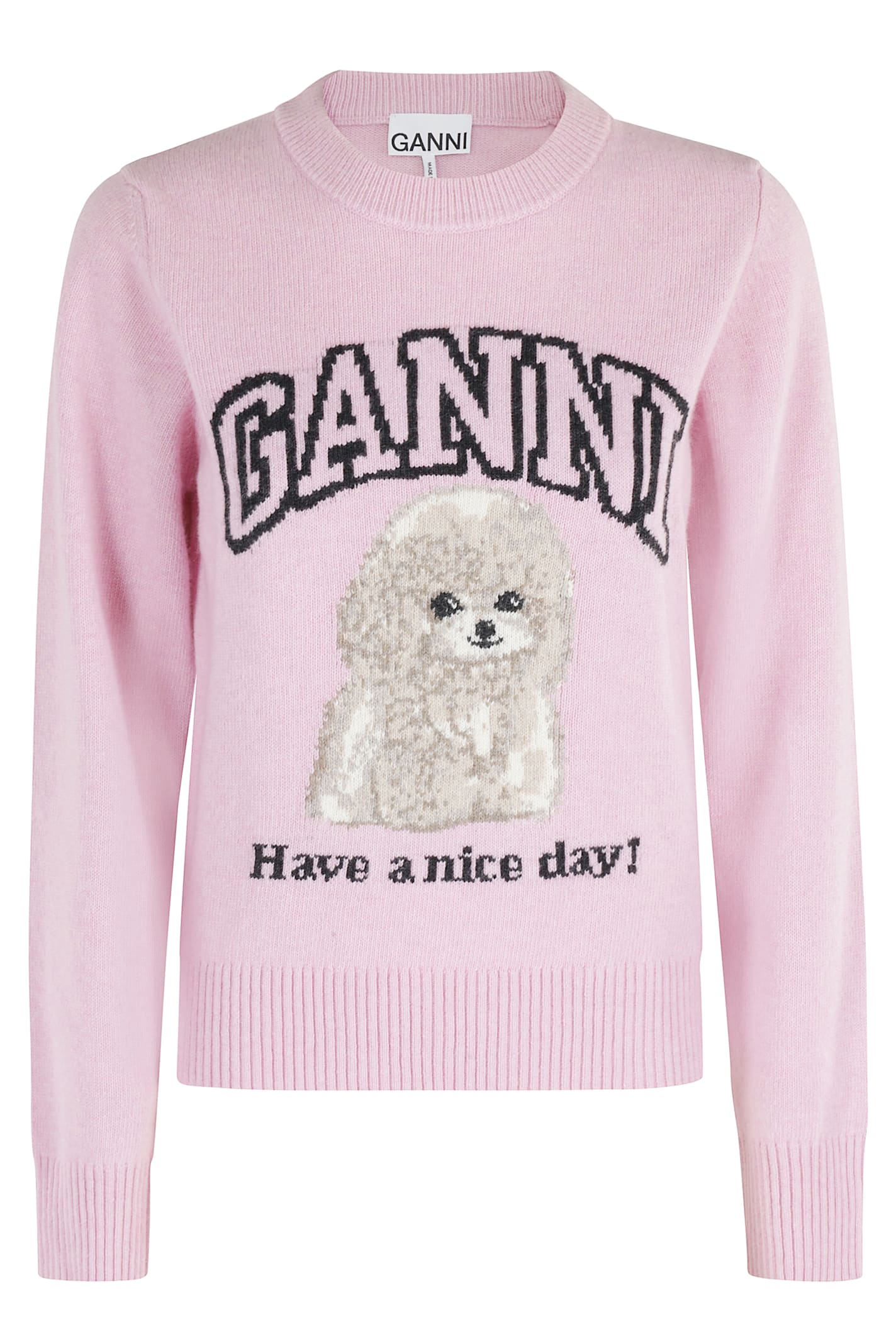 Ganni Wool Sweater With Poodle In Pink