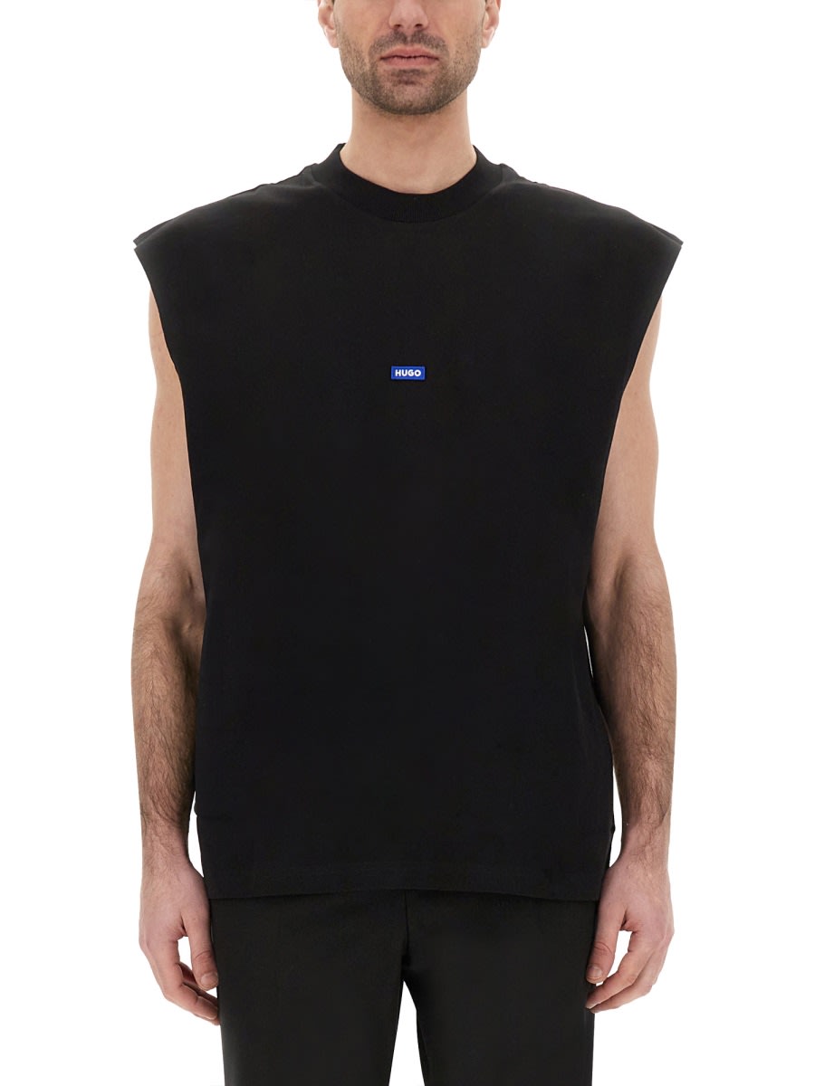 Hugo Boss Sleeveless Cotton-jersey T-shirt With Blue Logo Label In Black