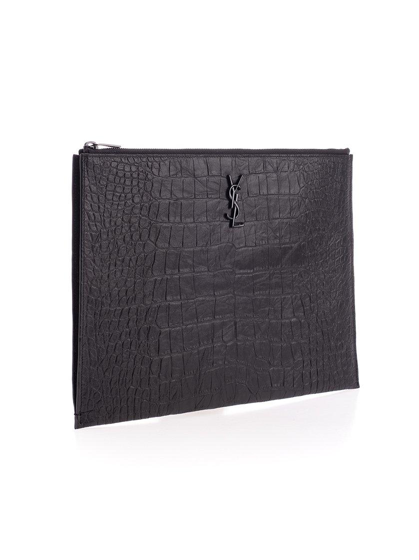 Shop Saint Laurent Logo Plaque Zip-up Clutch Bag In Black