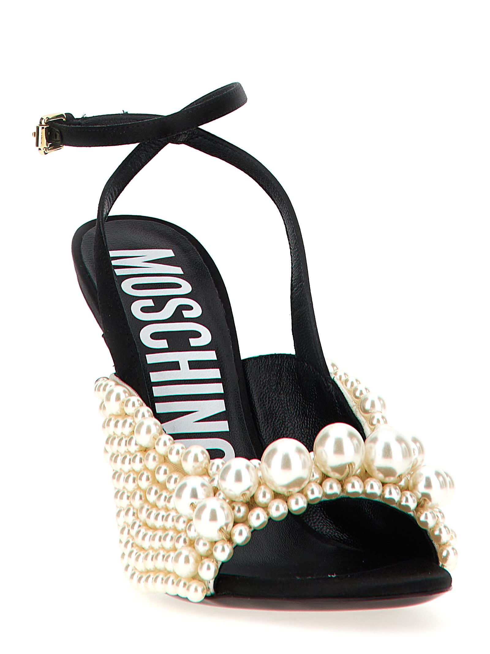 Shop Moschino Pearl Sandals In White/black