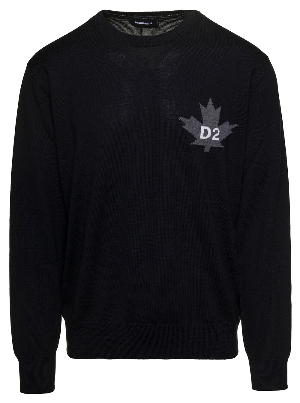 Shop Dsquared2 D2 Leaf Black Sweater With Jacquard Logo At The Front In Wool Man