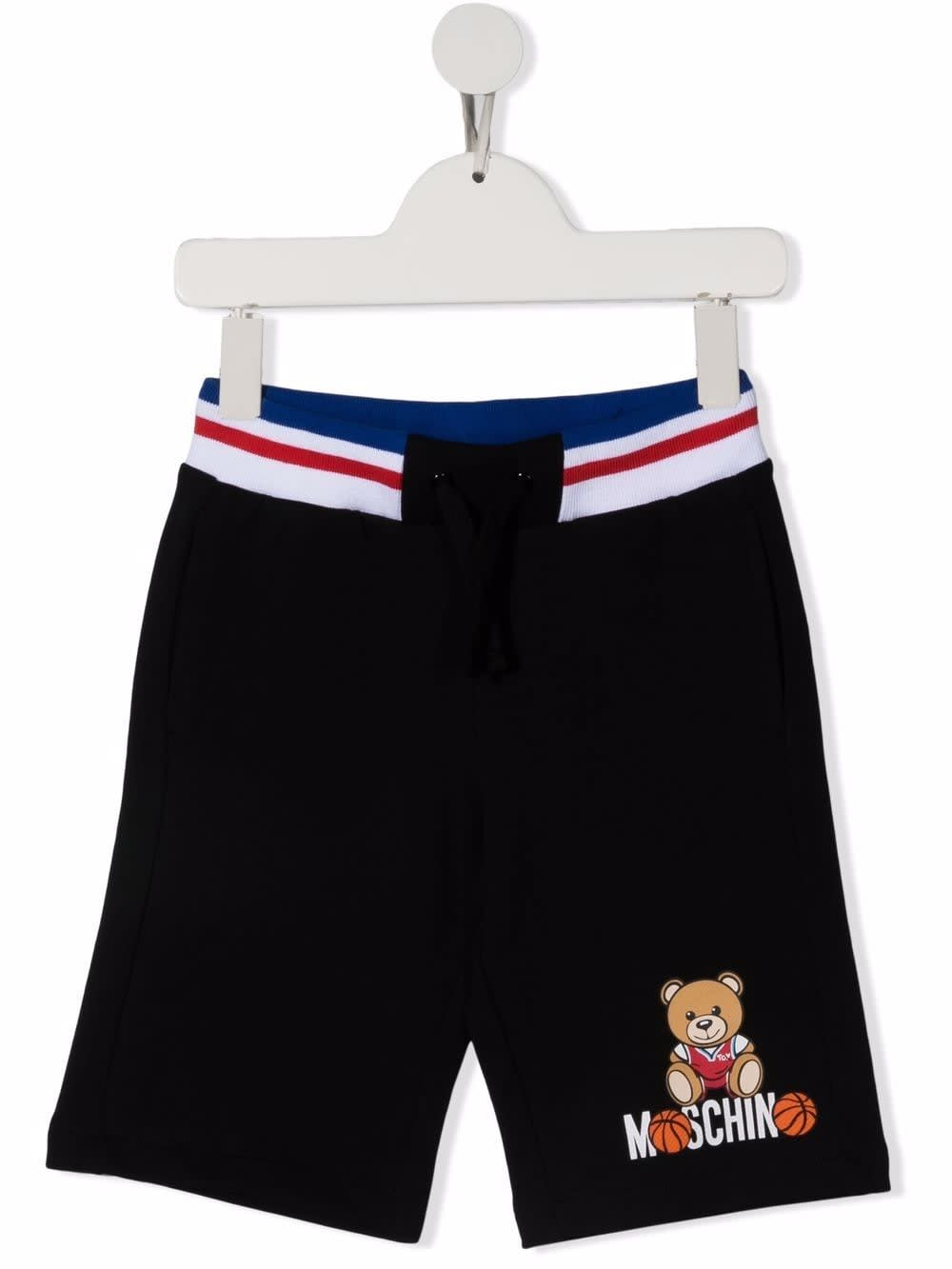 Moschino Kids Black Sports Bermuda With Striped Inserts And Basketball Teddy Bear Print