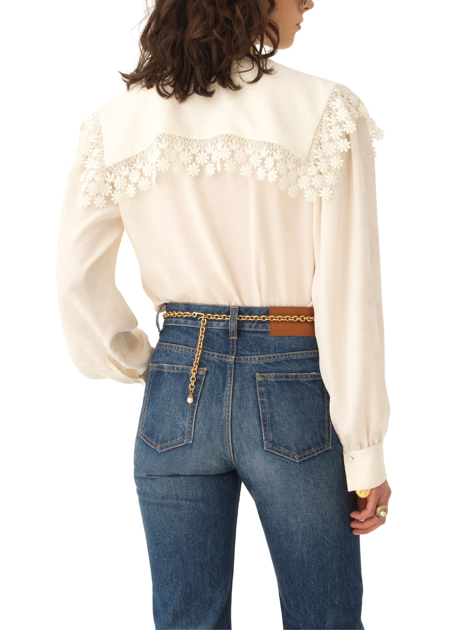 Chloé Blouse Col Oversize En Soie Jacquard Et Dentelle In White