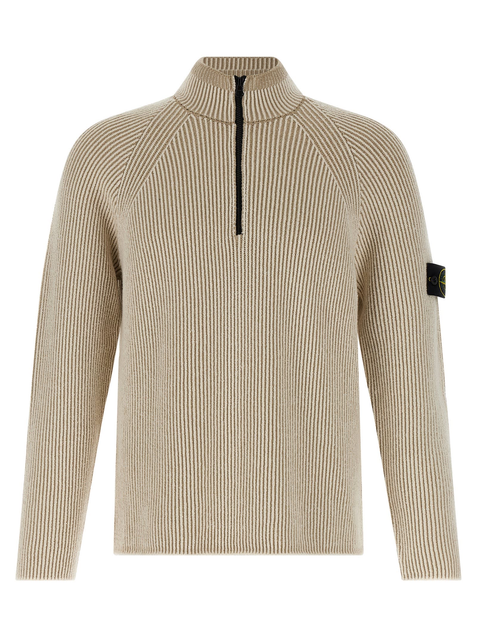 Stone Island White Sweater With Logo Patch On The Sleeve And Front Half Zip Closure In Wool Stretch Man In Neutral
