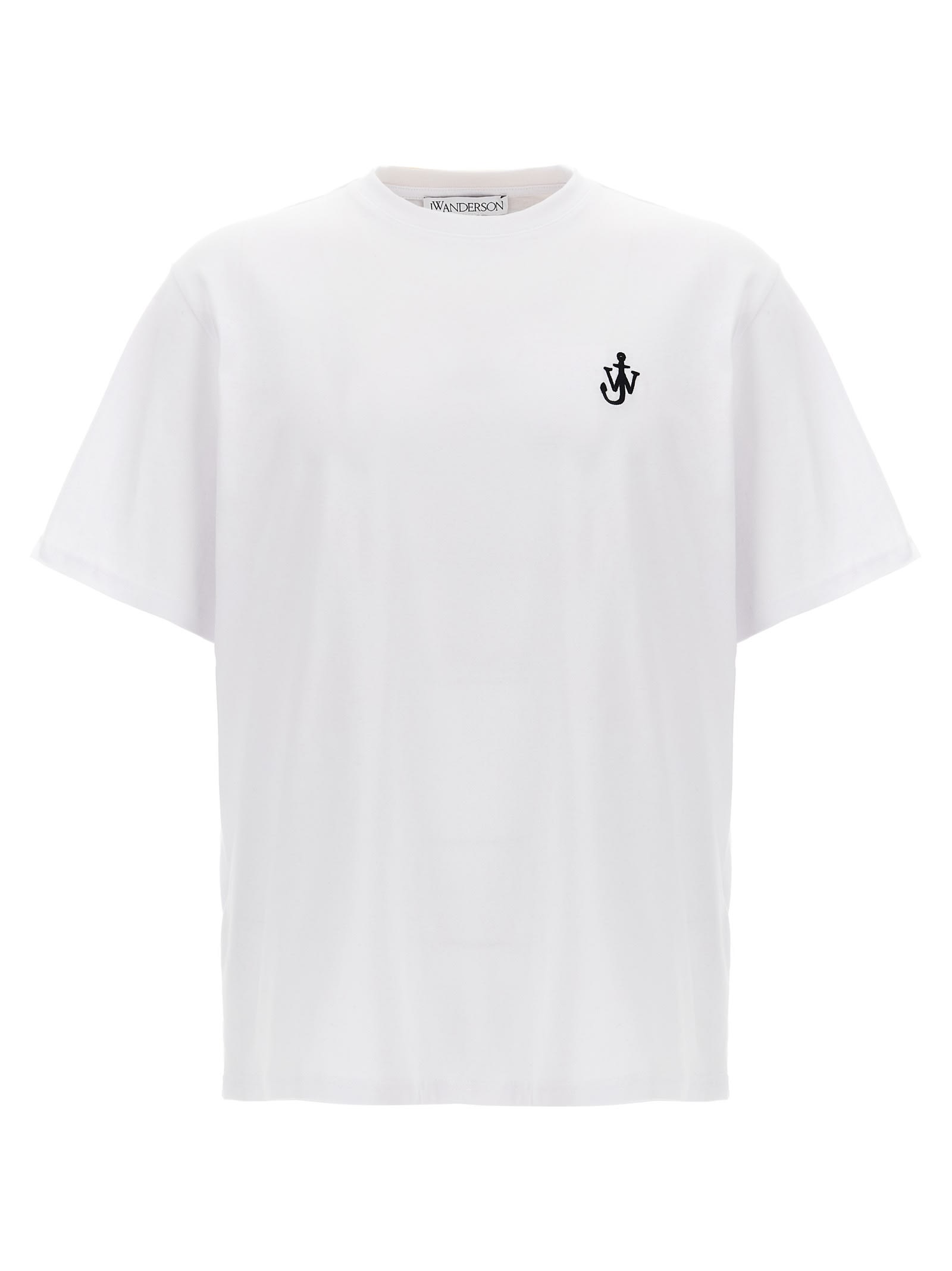 Jw Anderson Men White Crewneck T-shirt With Logo Embroidery On The Front In Cotton Man In White/black