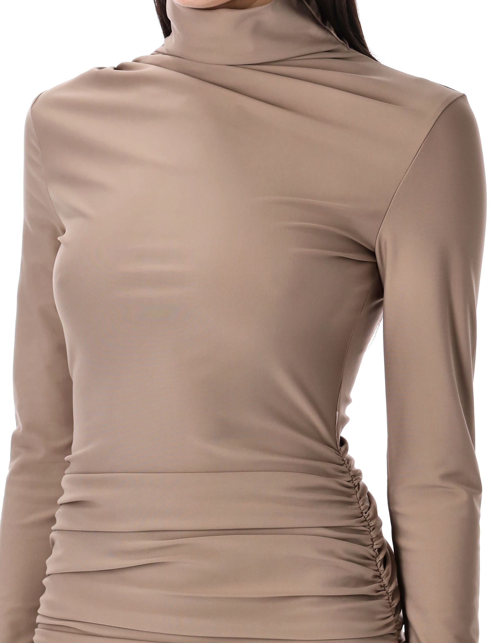 The Andamane Draped Fitted Mini Dress In Greige