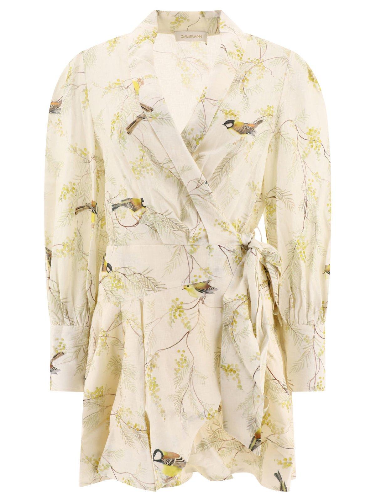 Shop Zimmermann Acacia Birds-printed Tied Waist Mini Dress In White