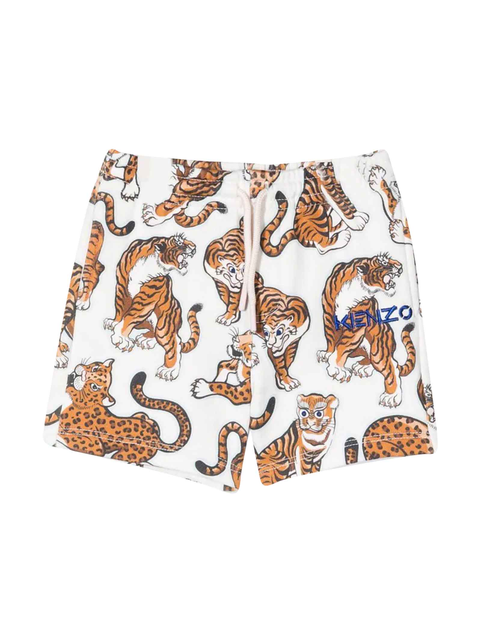 Kenzo Kids White Newborn Shorts With Tiger Print, Embroidery With Front Logo, Waist With Elasticated Drawstring And Height Above The Knee By
