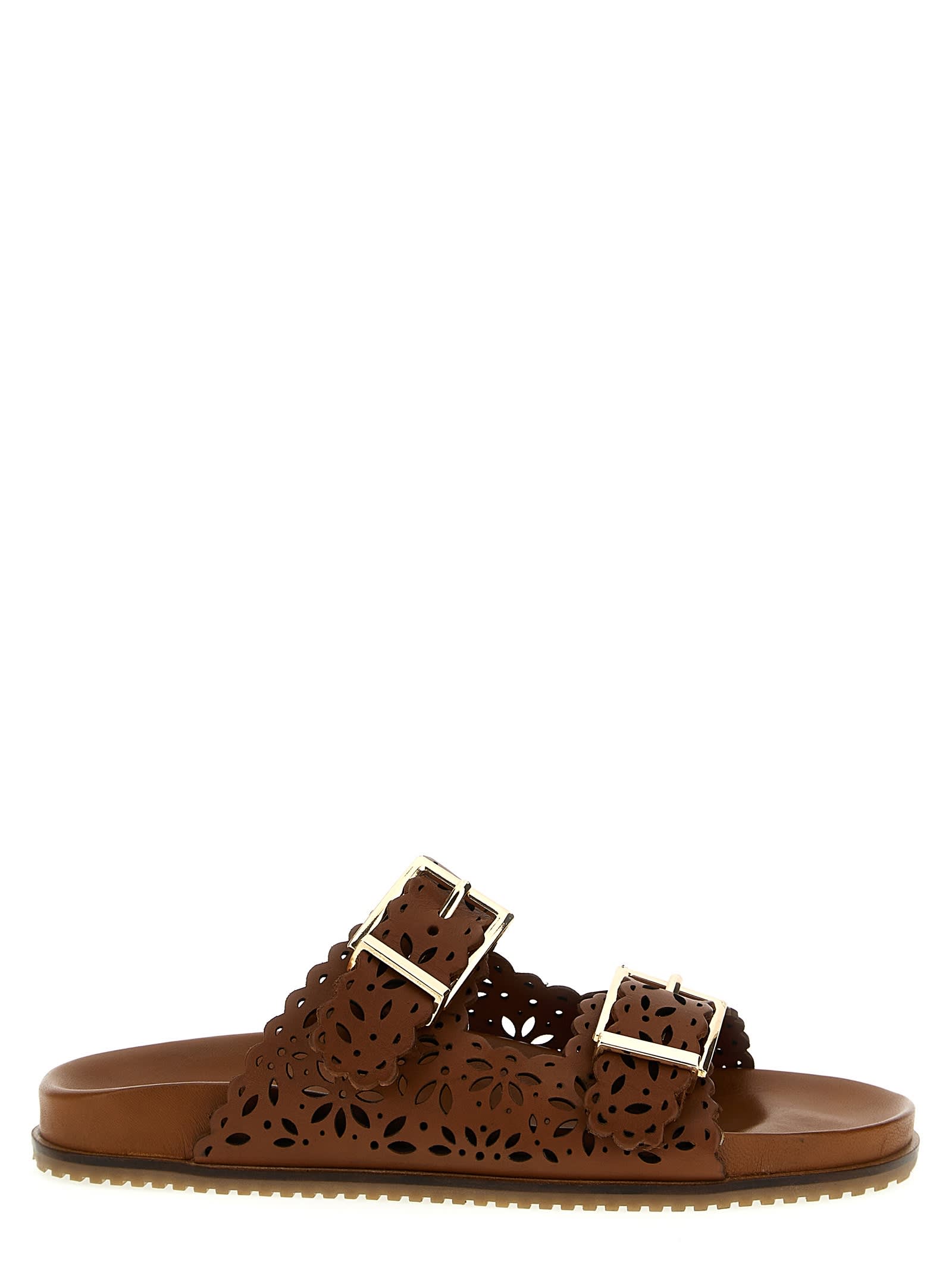 Shop Twinset Openwork Leather Sandals In Brown