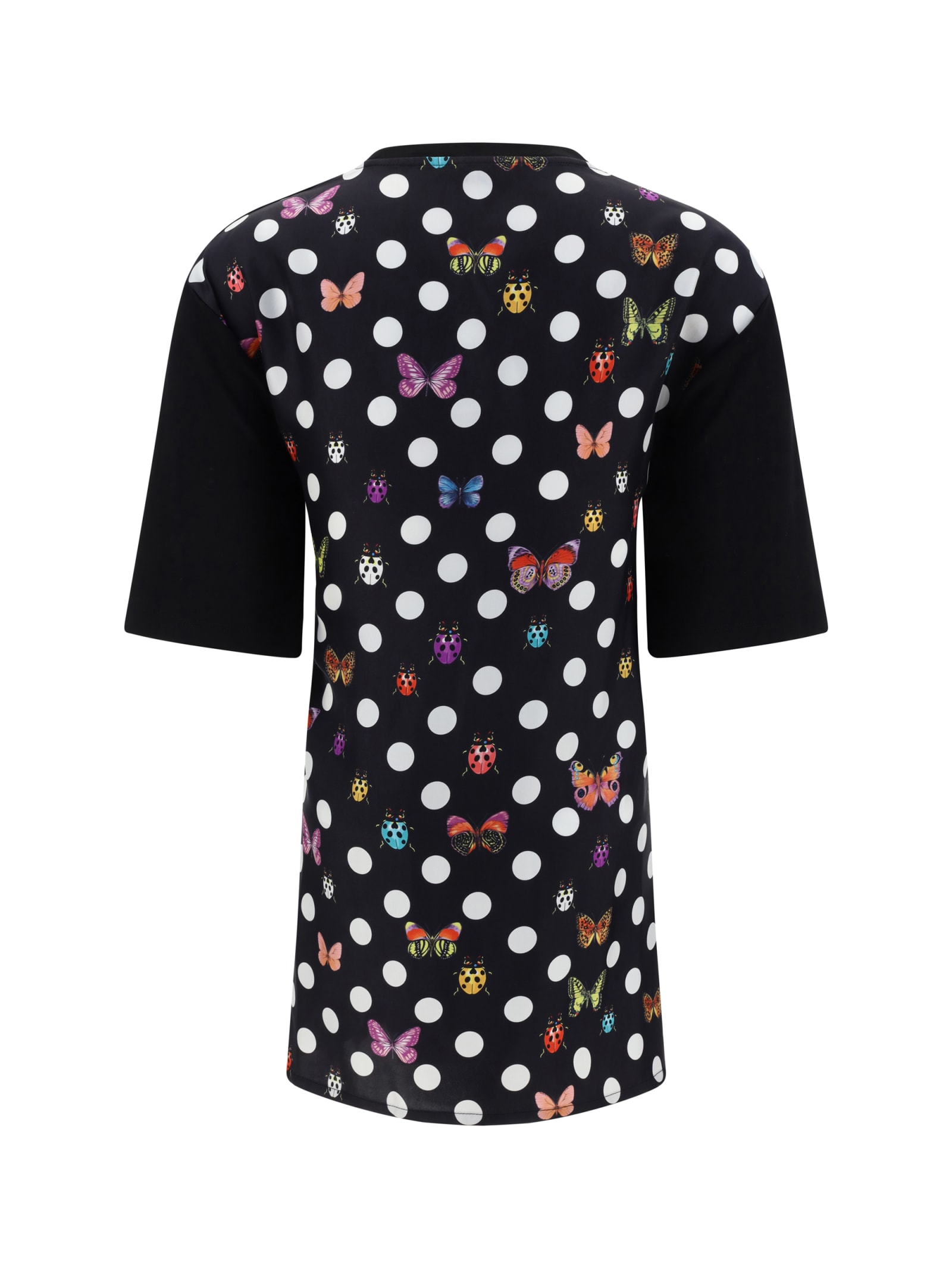 Versace Pin-tucked Jersey T-shirt With Silk Printed Back In Nero+multicolor