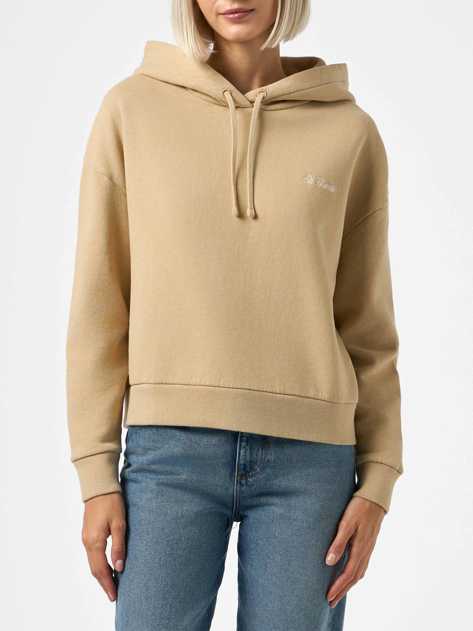 Mc2 Saint Barth Woman Beige Fleeced Cotton Hooded Sweatshirt Mindy In White