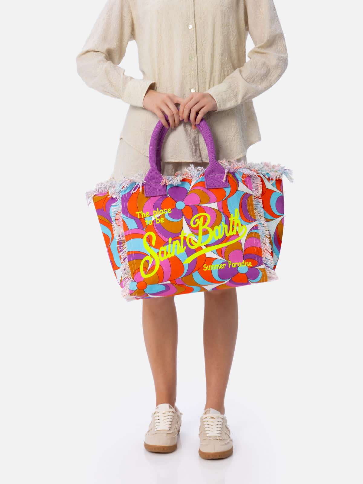 Mc2 Saint Barth Cotton Canvas Vanity Tote Bag With Daisy Print In Orange
