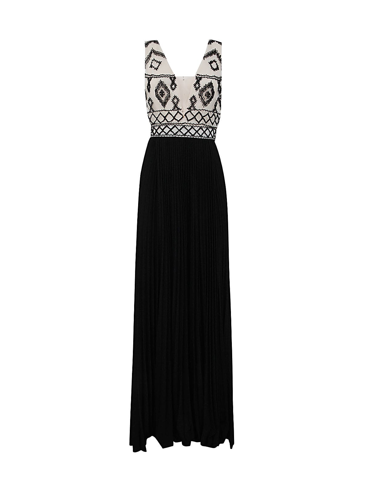 Shop Elisabetta Franchi Pleated Sleeveless Long Dress With Paillettes In Butter Black