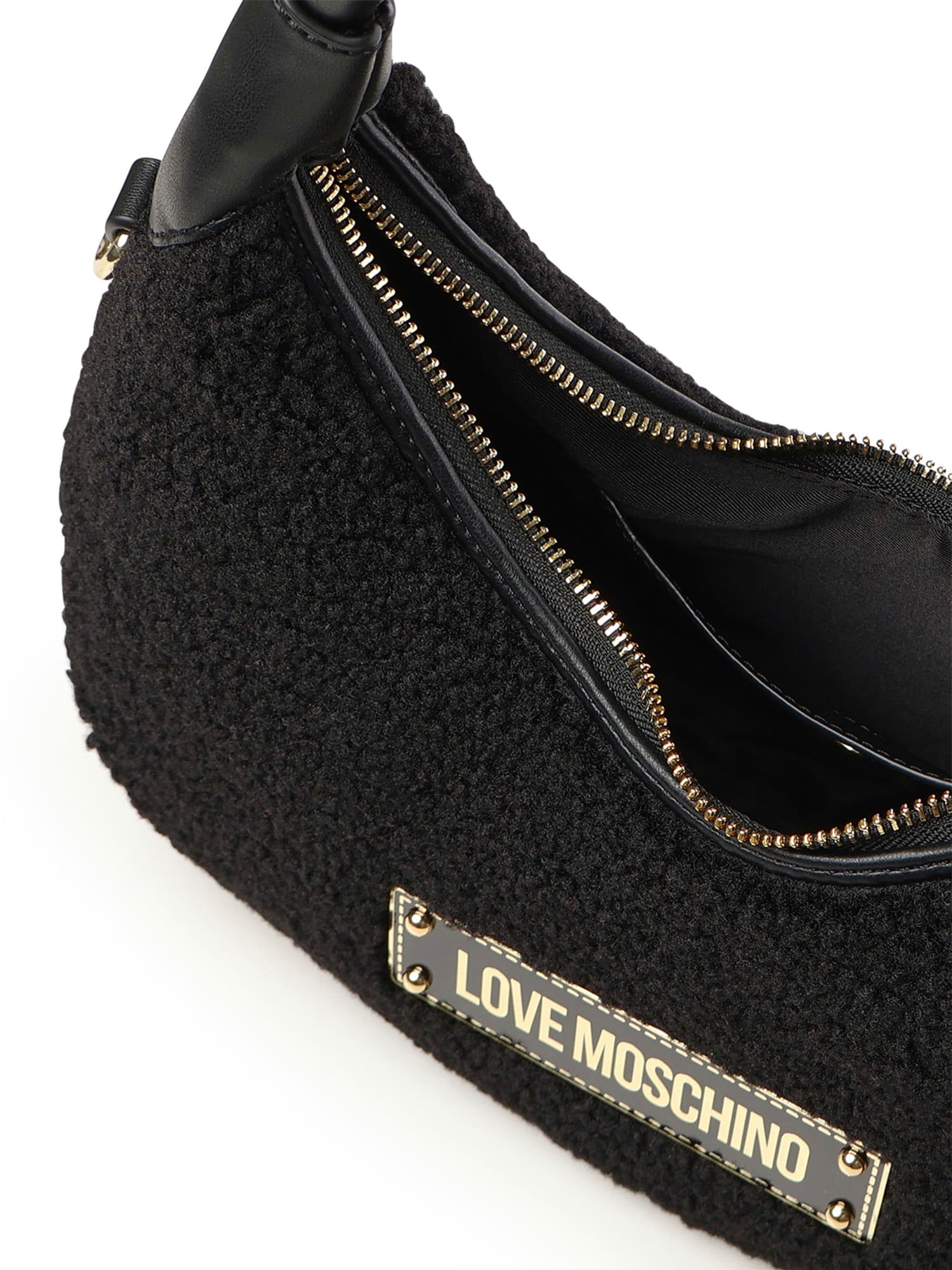 Love Moschino Faux-fur Logo-plaque Shoulder Bag In Black
