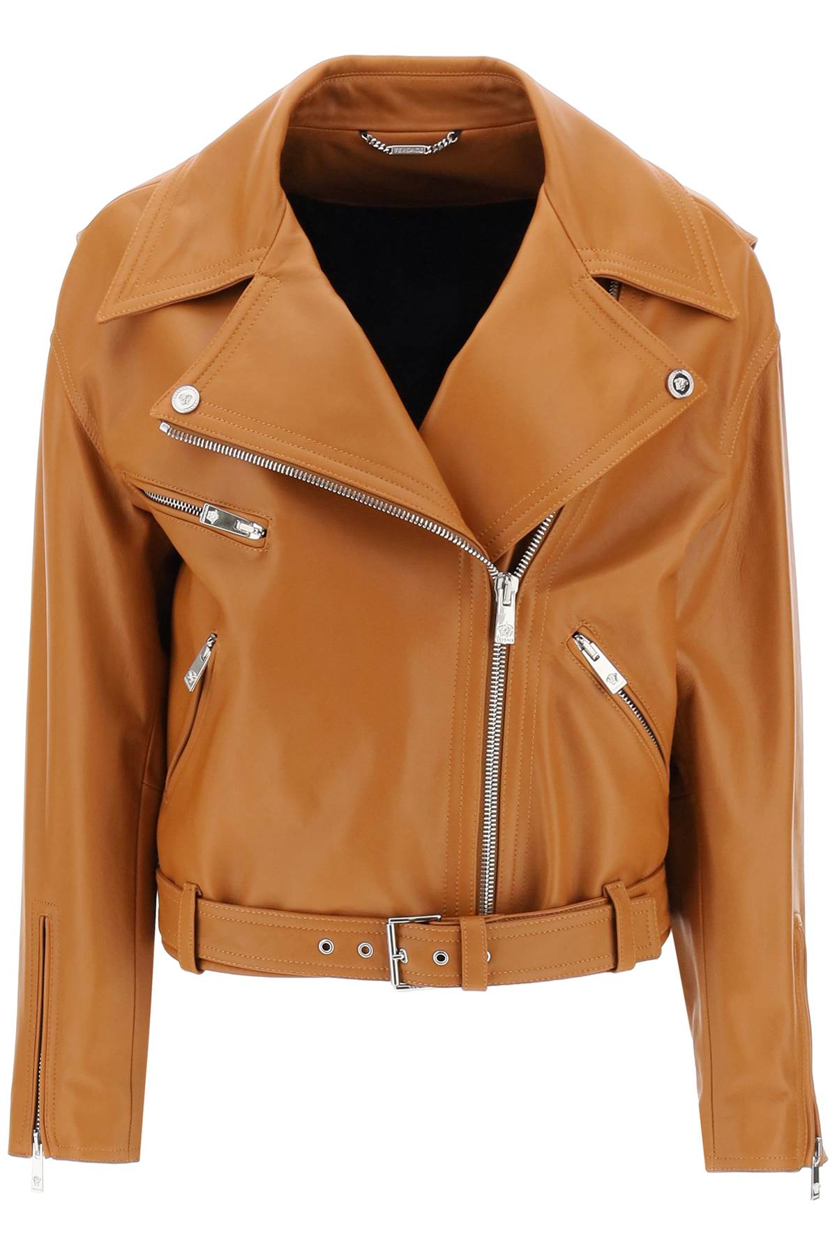 Shop Versace Biker Jacket In Leather In Caramel (brown)
