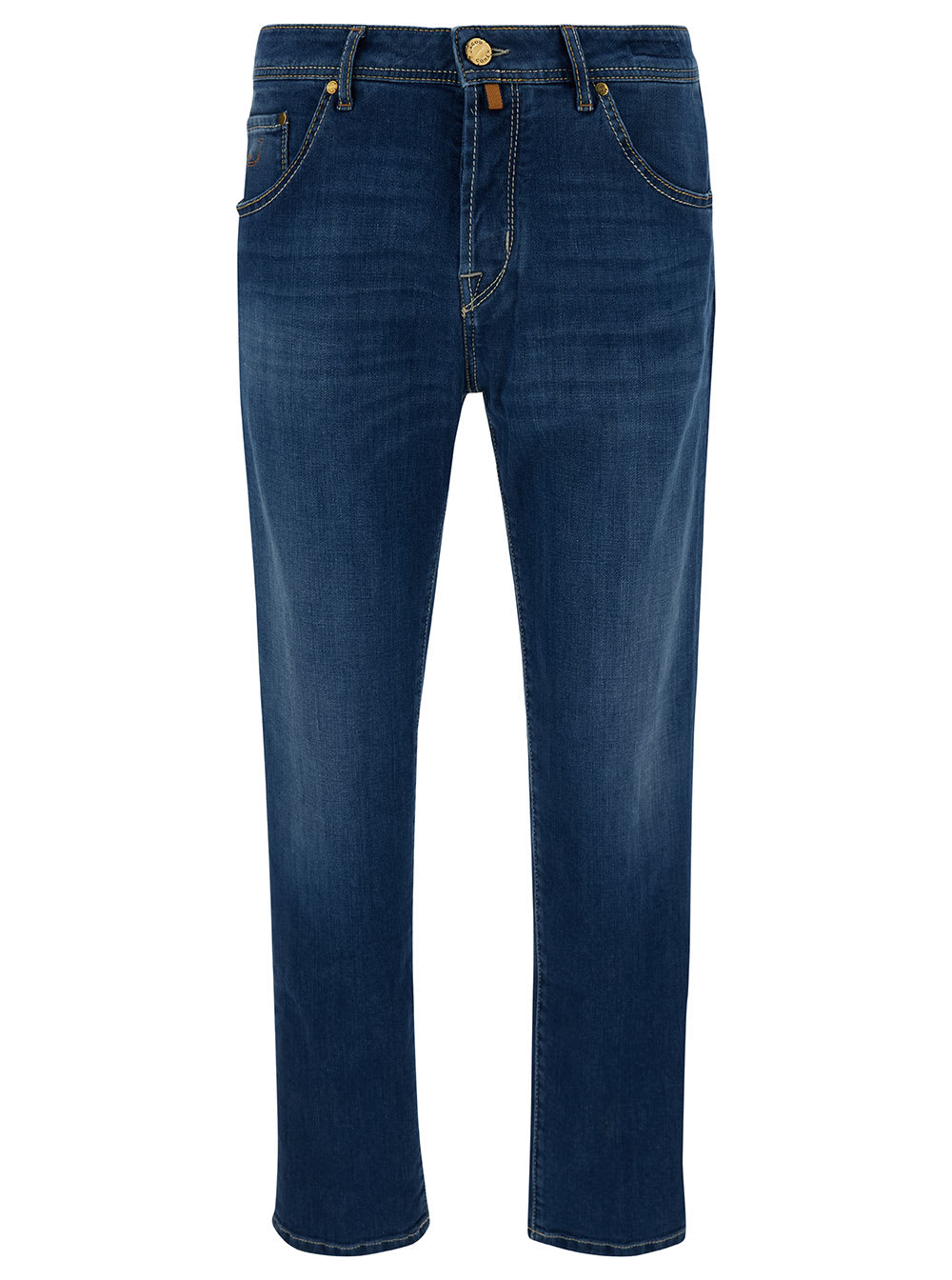 scott Blue Cropped Jeans With Logo Patch In Cotton Denim Man