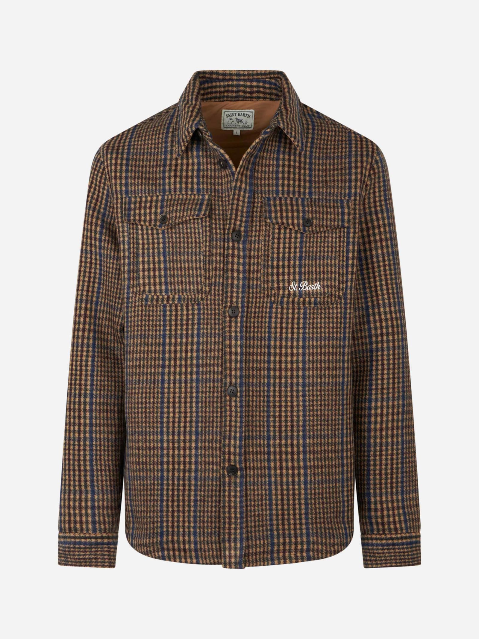 Shop Mc2 Saint Barth Man Wooly Prince Of Wales Overshirt With Pockets And Patches In Brown