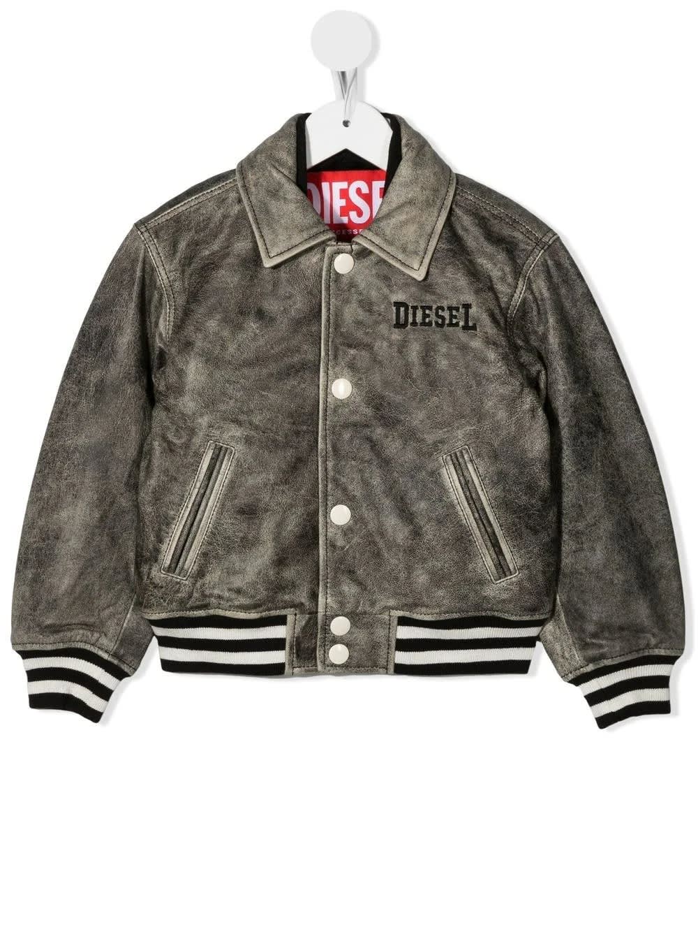 Diesel Kids Bomber Jacket In Grey Treated Leather With Logo