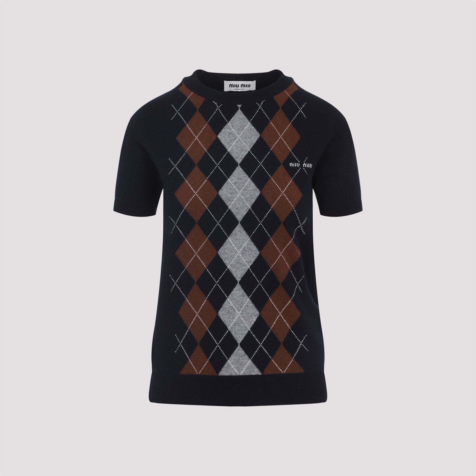 Miu Miu Cashmere Argyle Short-sleeve Sweater In Black
