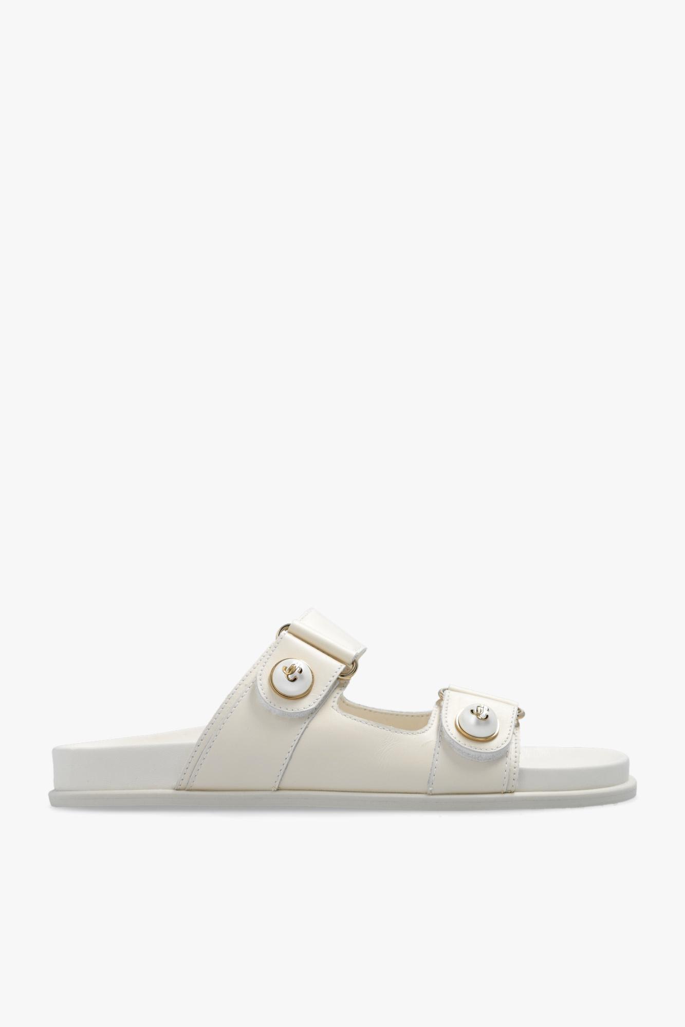 Jimmy Choo Fayence Faux Pearl-embellished Leather Slides In Latte