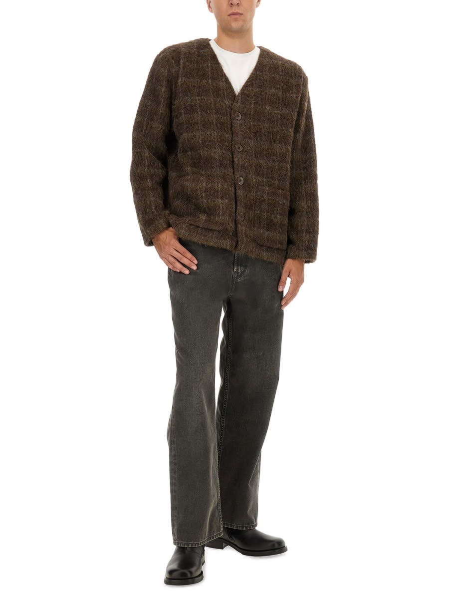 Our Legacy Embroidered Wool Blend V-neck Cardigan With Front Pockets In Brown