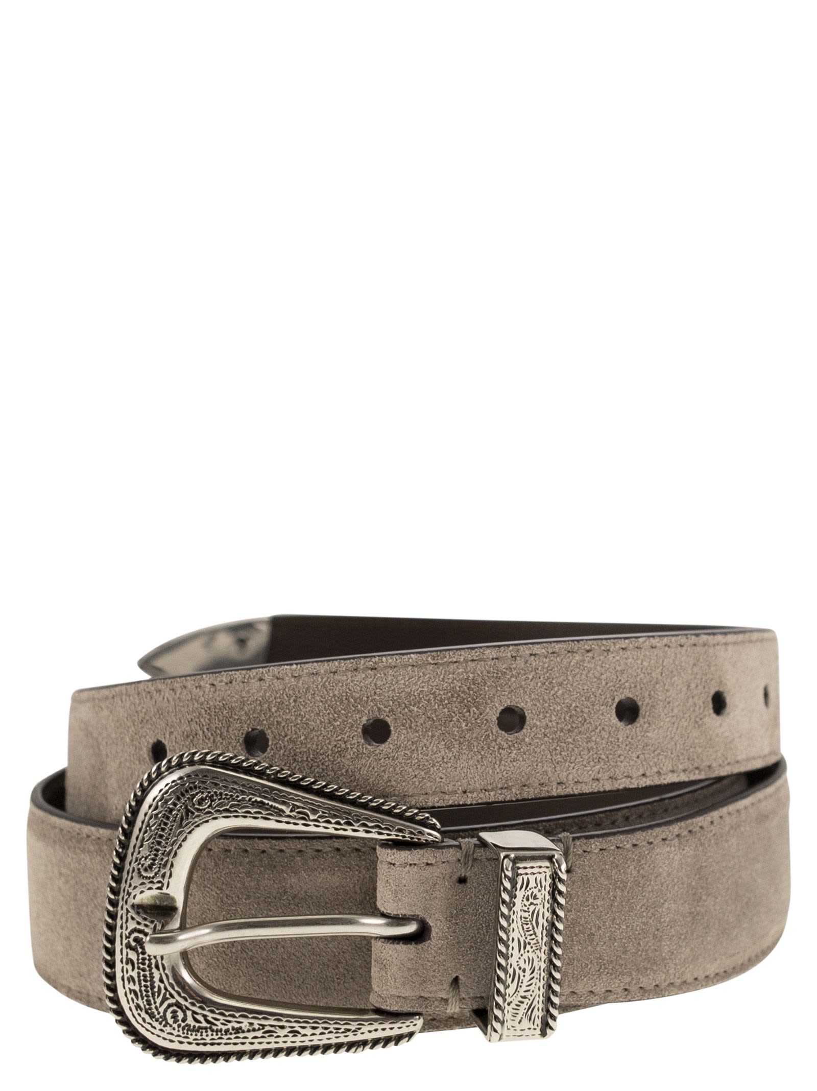 Shop Brunello Cucinelli Inverted Leather Belt With Machined Buckle And Toecap In Turtledove