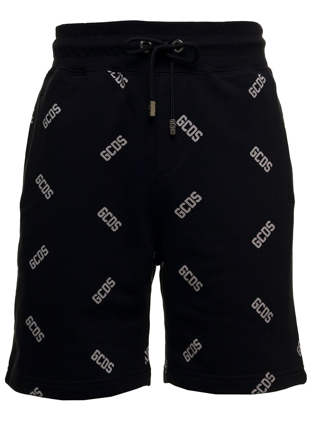 GCDS Black Cotton Bermuda Shorts With Allover Logo Print