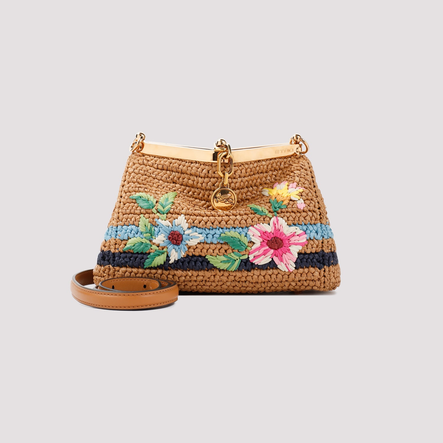 Shop Etro Embroidered Vela Raffia Handbag In Cammello