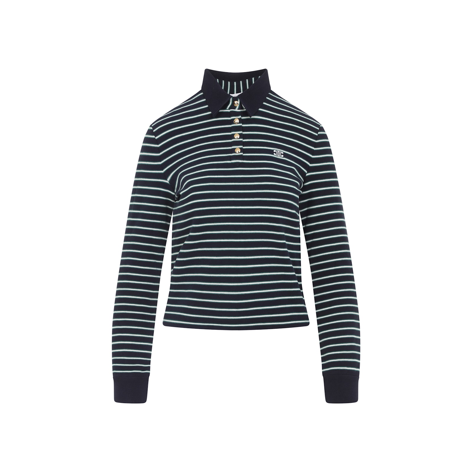 Celine Blue And Green Triomphe Ls Cotton Polo In Multi