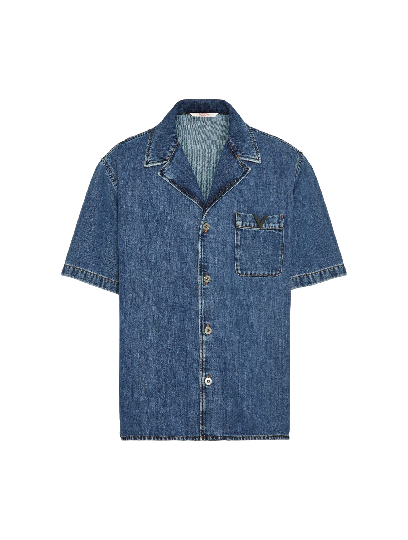 Shop Valentino Shirt In Denim V Detail Medium Blue Wash Denim In Medium Blue Denim