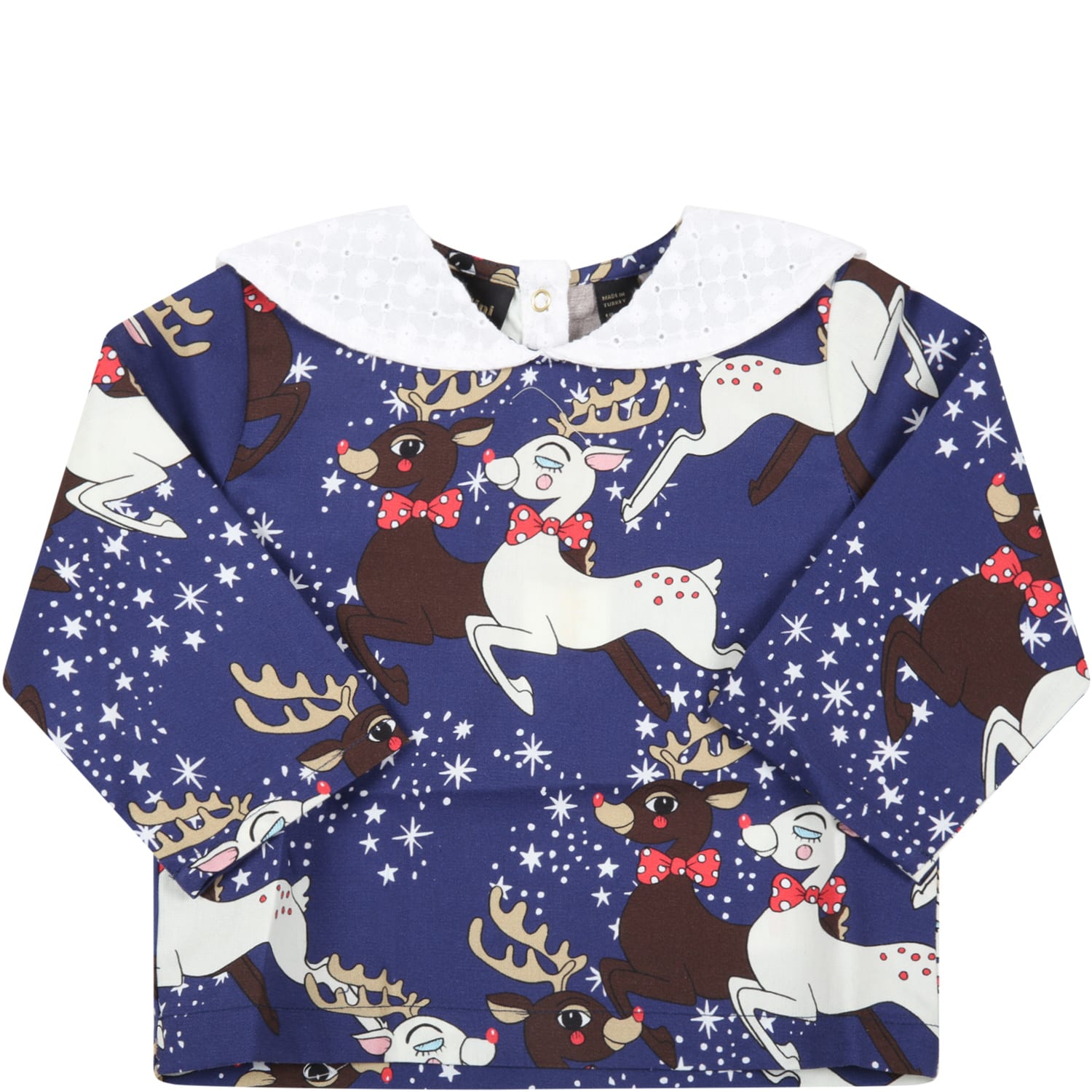 Mini Rodini Blue Blouse For Baby Girl With Reindeer And Stars