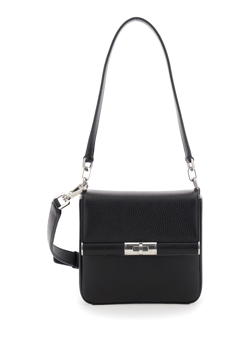 marlene Black Shoulder Bag With Twist Closure And Logo On The Back In Hammered Leather Man