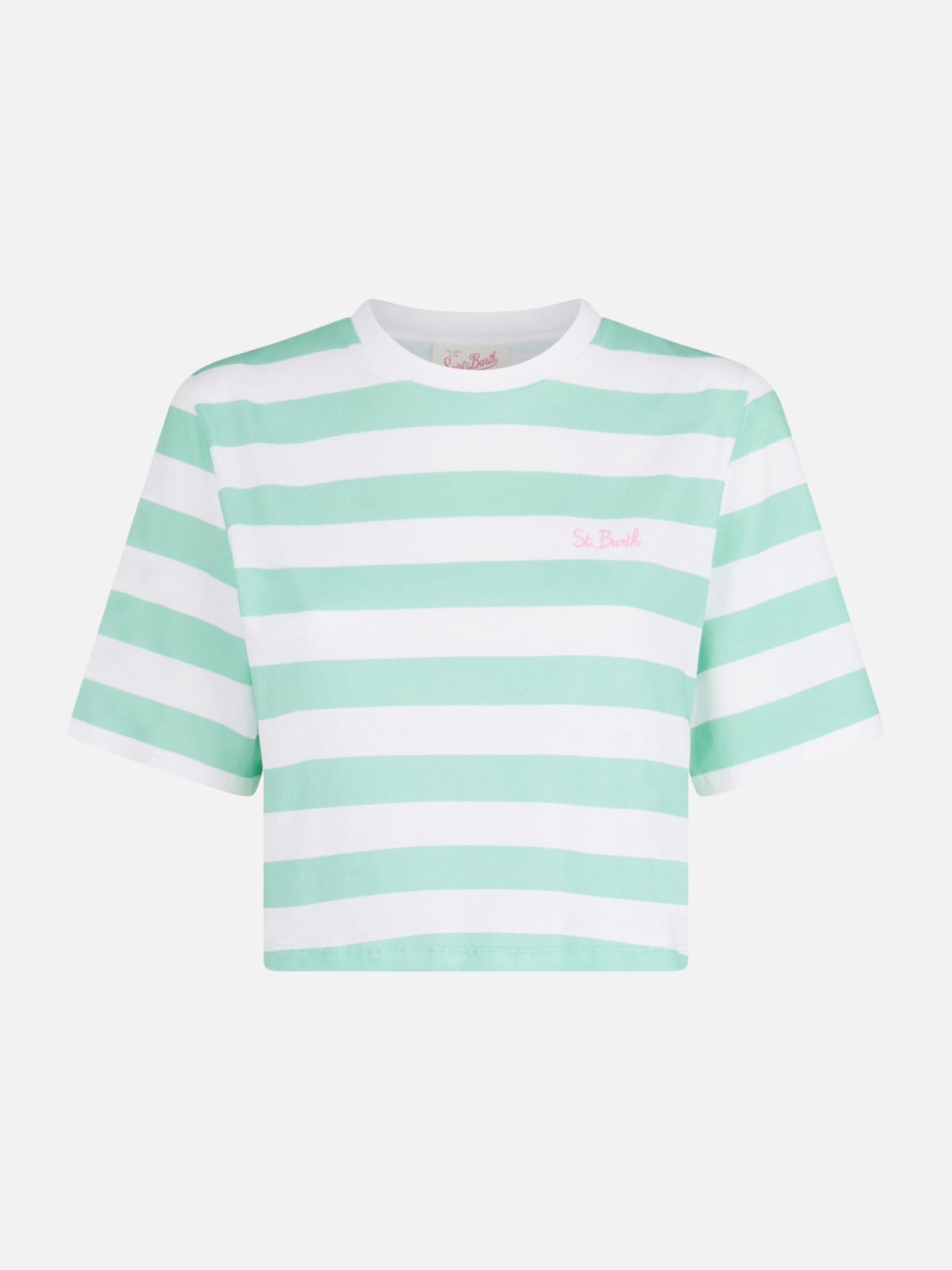 Mc2 Saint Barth Woman Acquamarine And White Striped Crop T-shirt In Rigato