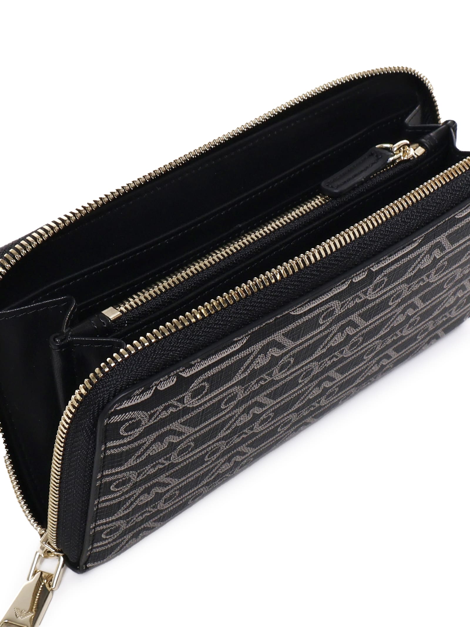 Emporio Armani Zip Around Eagle All Over Wallet In Nero-ecru