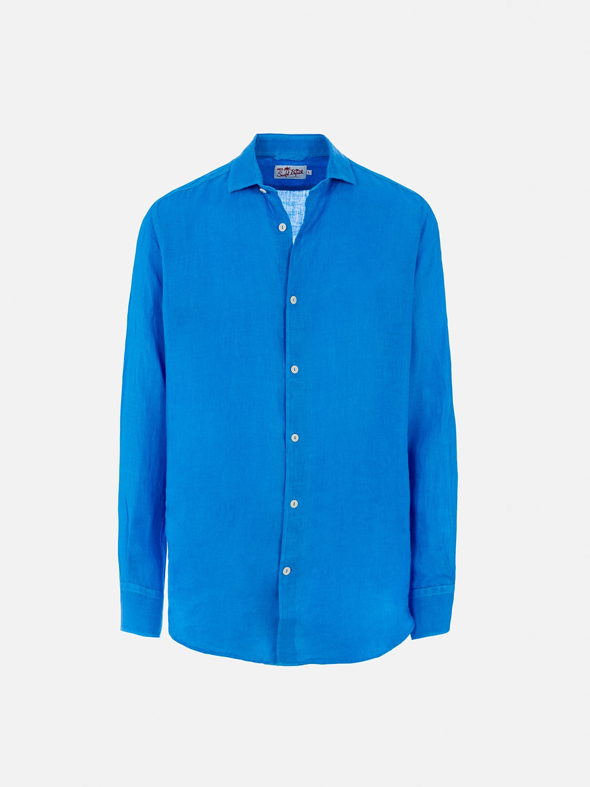 Mc2 Saint Barth Man Watercolor Bluette Linen Shirt Pamplona In Sky