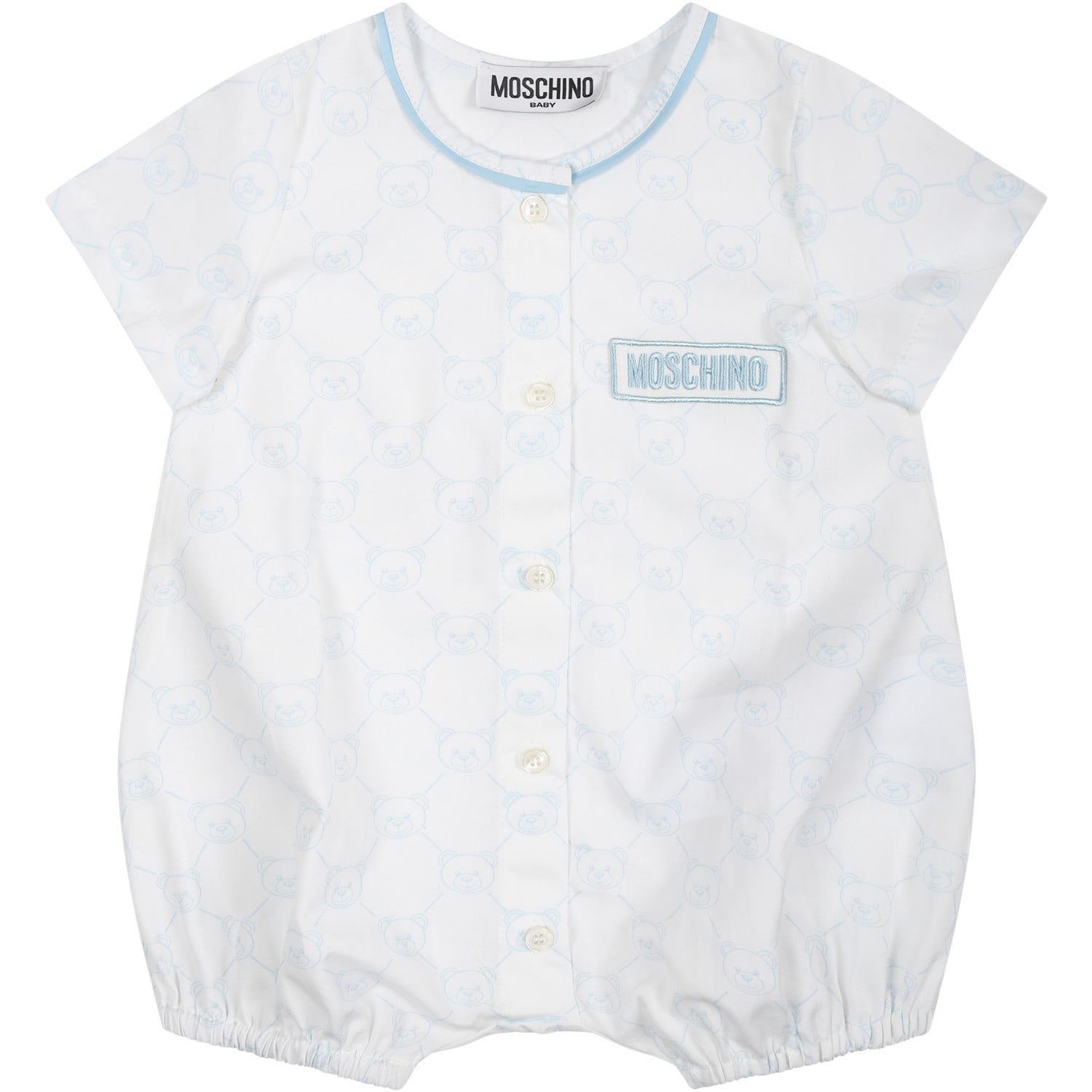 Moschino White Romper For Baby Boy With Teddy Bear Pattern And Logo