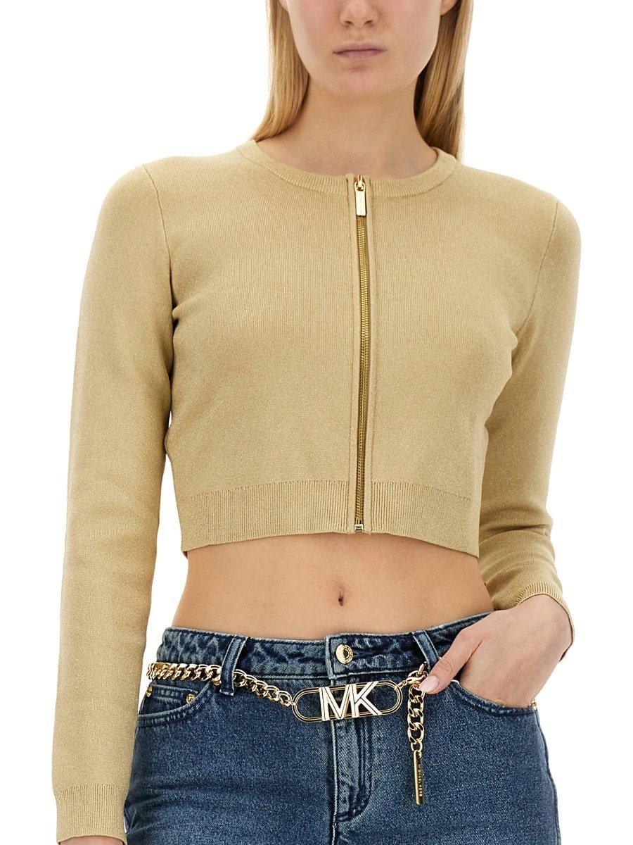 Shop Michael Michael Kors Metallic Knitted Cardigan In Golden