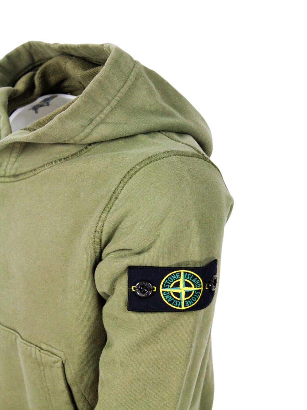 Stone Island Rocky Hooded Sweatshirt With Long Sleeves In Stretch Cotton With Badge On The Left Sleeve In Military