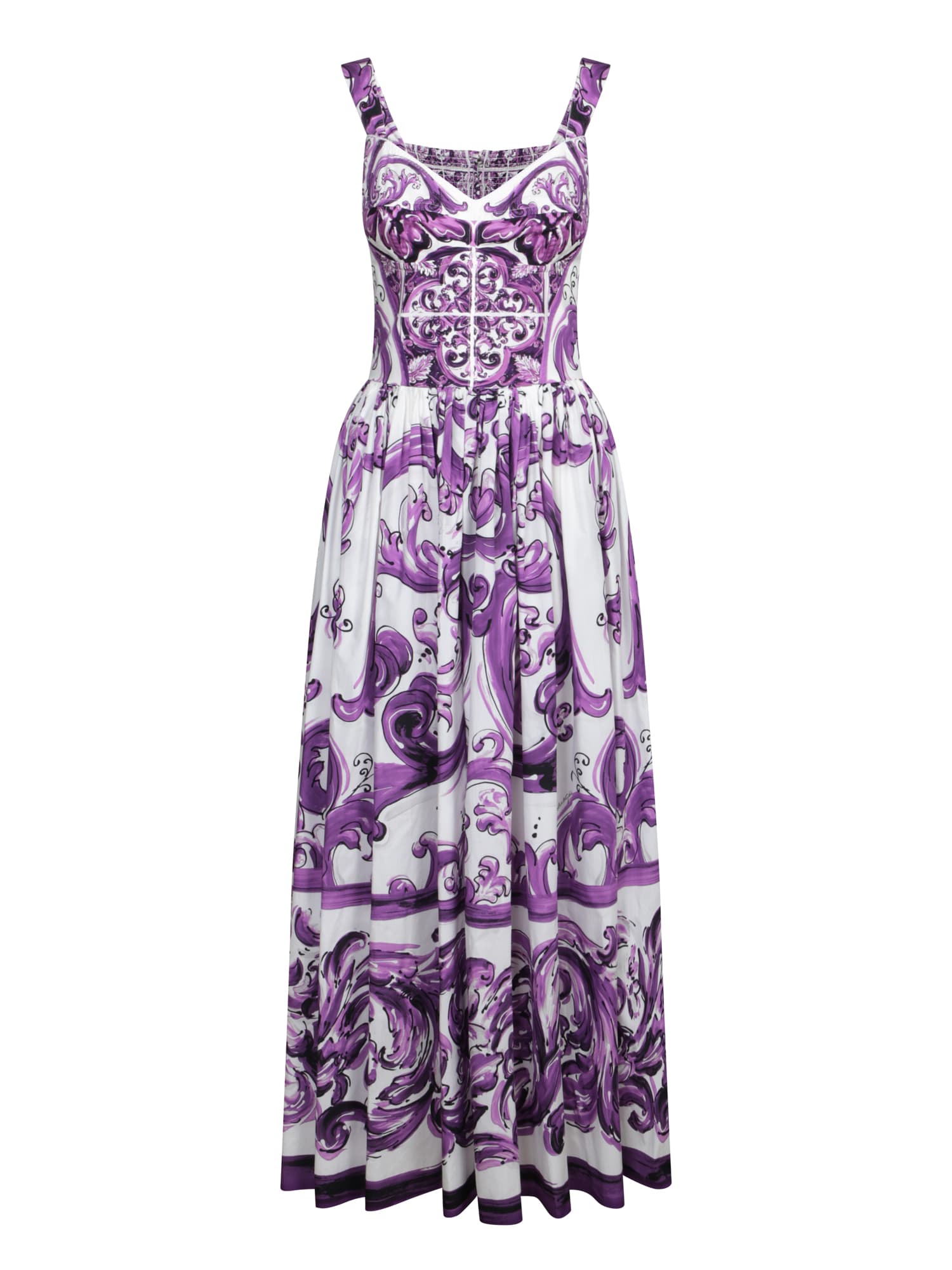 Dolce & Gabbana Long Poplin Dress With Majolica Print Dolce E Gabbana In Multi