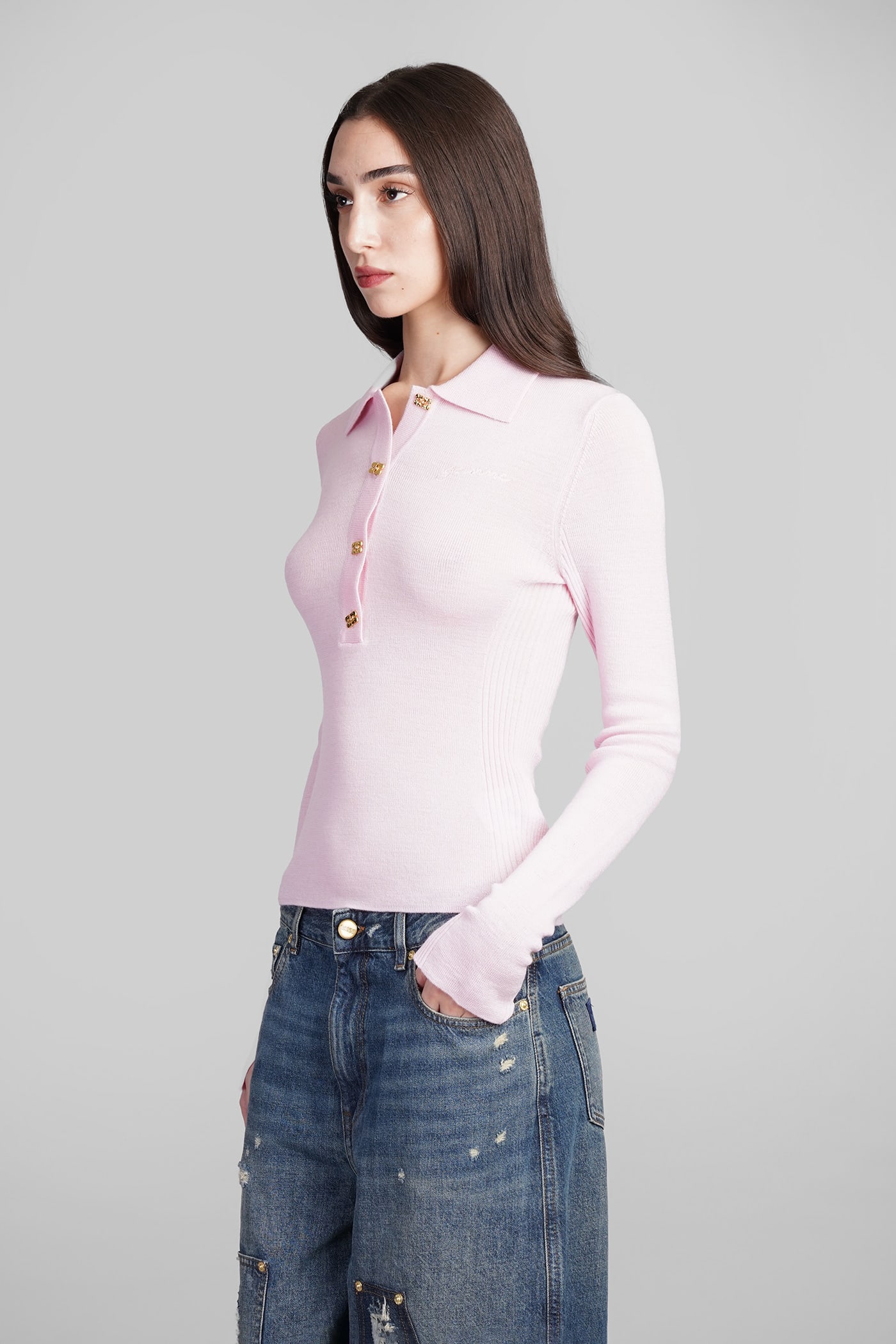 Shop Ganni Polo In Rose-pink Wool