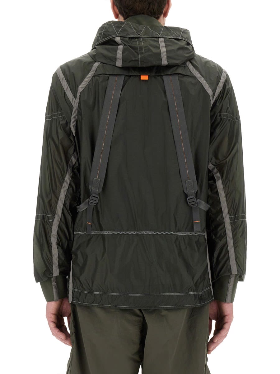 Parajumpers Edge Green Jacket With Logo Patch On The Sleeve And Shoulder Straps On The Back In Tech Fabric Man In Military Green