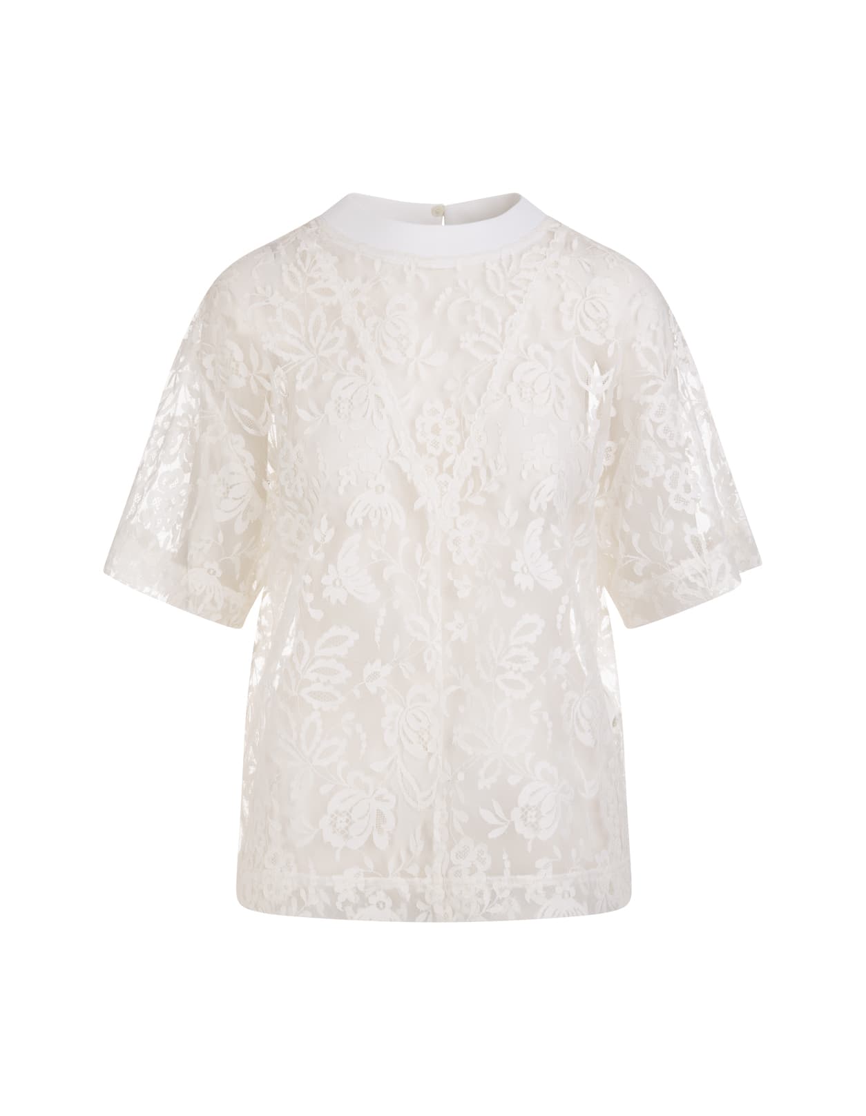 Alexander McQueen Short Sleeve Top In Tulle And Ivory Floral Lace