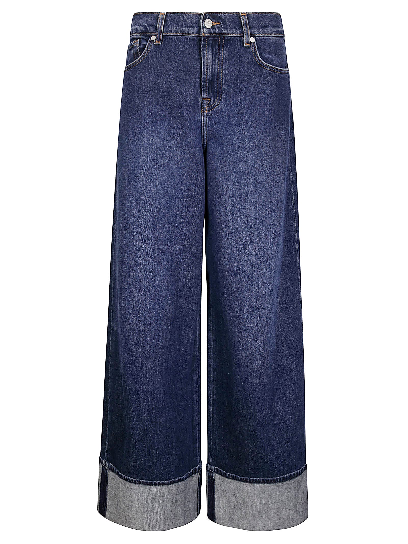 7 For All Mankind Wide-leg Denim Trousers Folded Cuffs In Blue