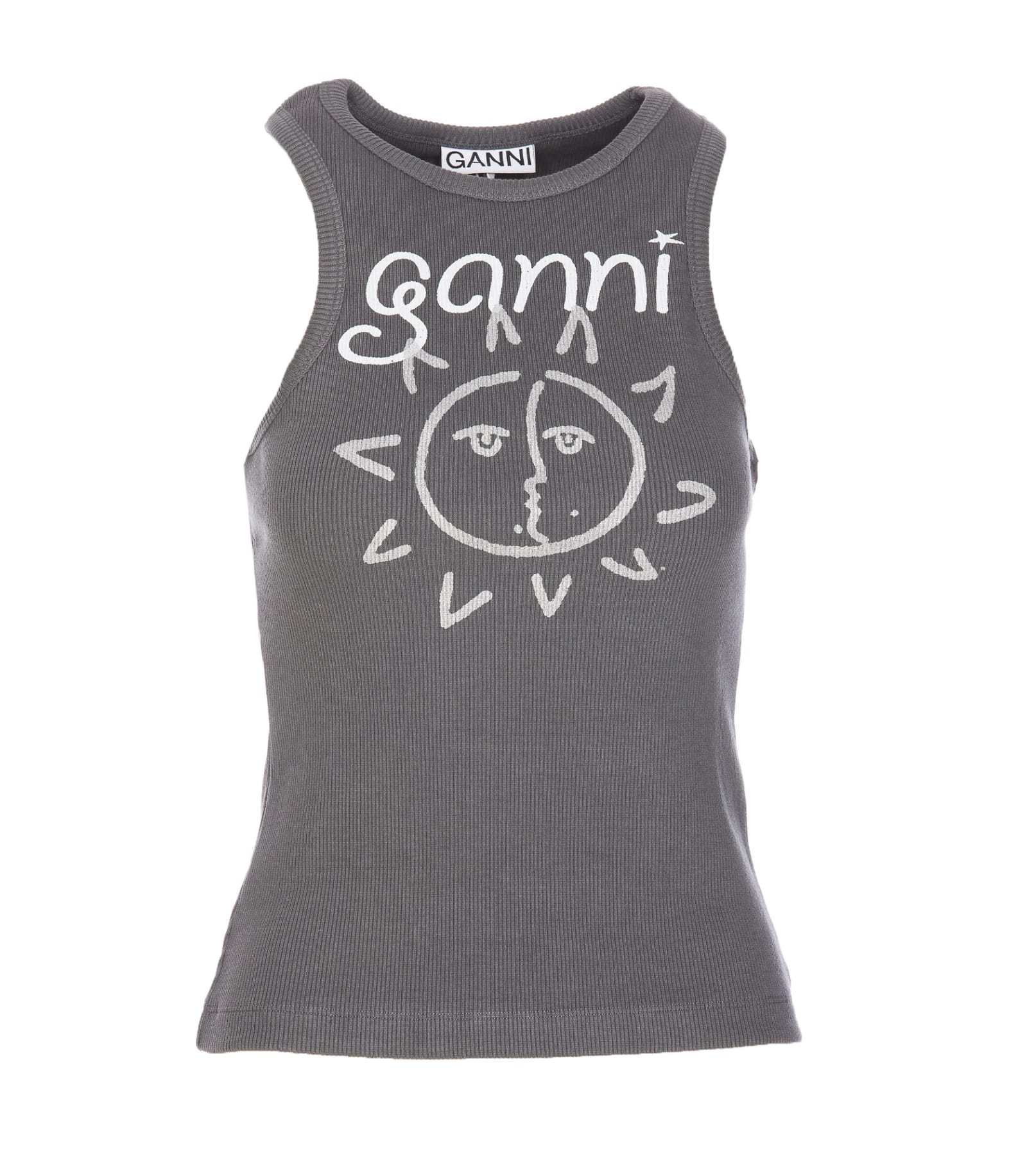 Shop Ganni Print Logo Tank Top In Grey