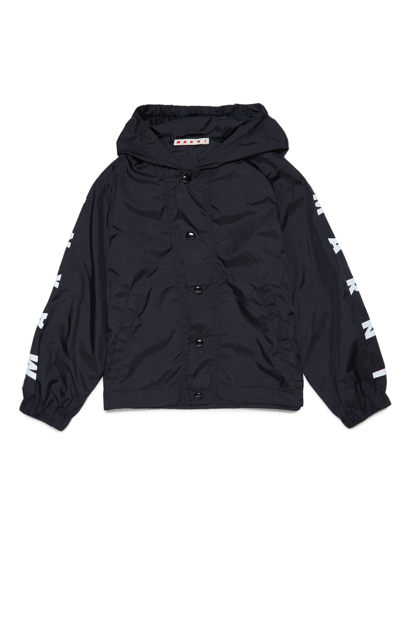 MARNI MJ13U JACKET MARNI BLACK WATERPROOF HOODED JACKET WITH BUTTON FASTENING AND LOGO ON THE SLEEVES